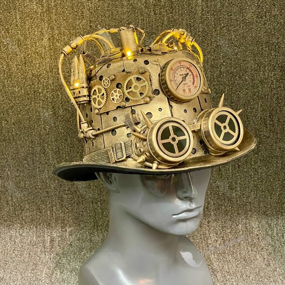 Unisex Steampunk Gauge Style Gold Hat With LED Light - Picture 2 of 4